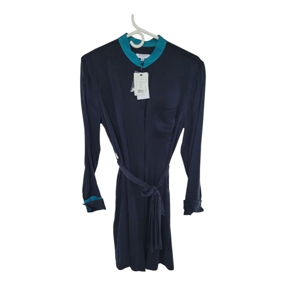 Equipment Ravena Navy Blue & Turquoise Silk Blend Dress - Size Medium NWT - Picture 1 of 10